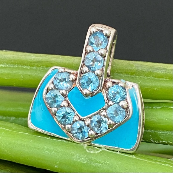 Vintage 925 Signed Blue Topaz CZ Stone Enamel Purse Pendant 3.8g - Picture 2 of 13